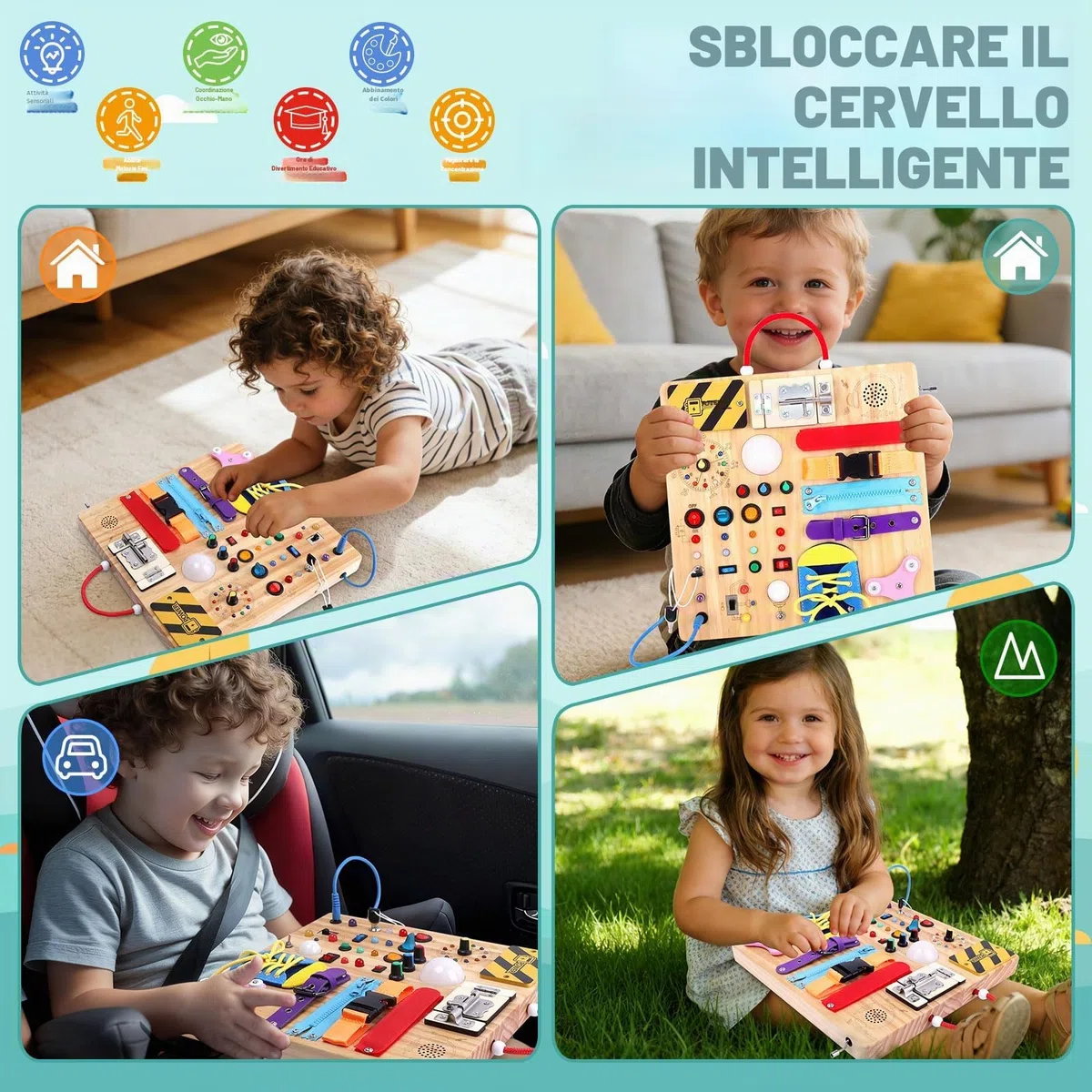 Montessori Busy Board 23 in 1 per bambini a partire da 1 anno, giocattolo in legno con 15 interruttori, 26 luci LED, scatola musicale, chiusura lampo e lucchetto, giocattolo sensoriale per bambini da