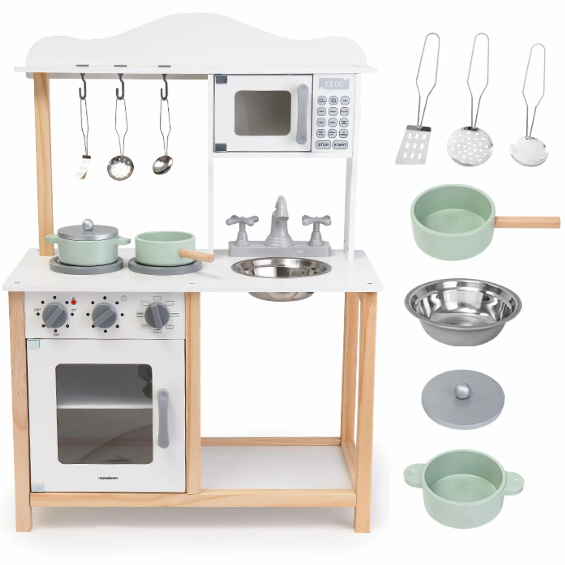Mamabrum Cucina Giocattolo per Bambini in Legno - Cucina Completa con Forno, Microonde e Lavello - Set Montessori con Accessori e Suoni Meccanici per Bimbi da 3 Anni