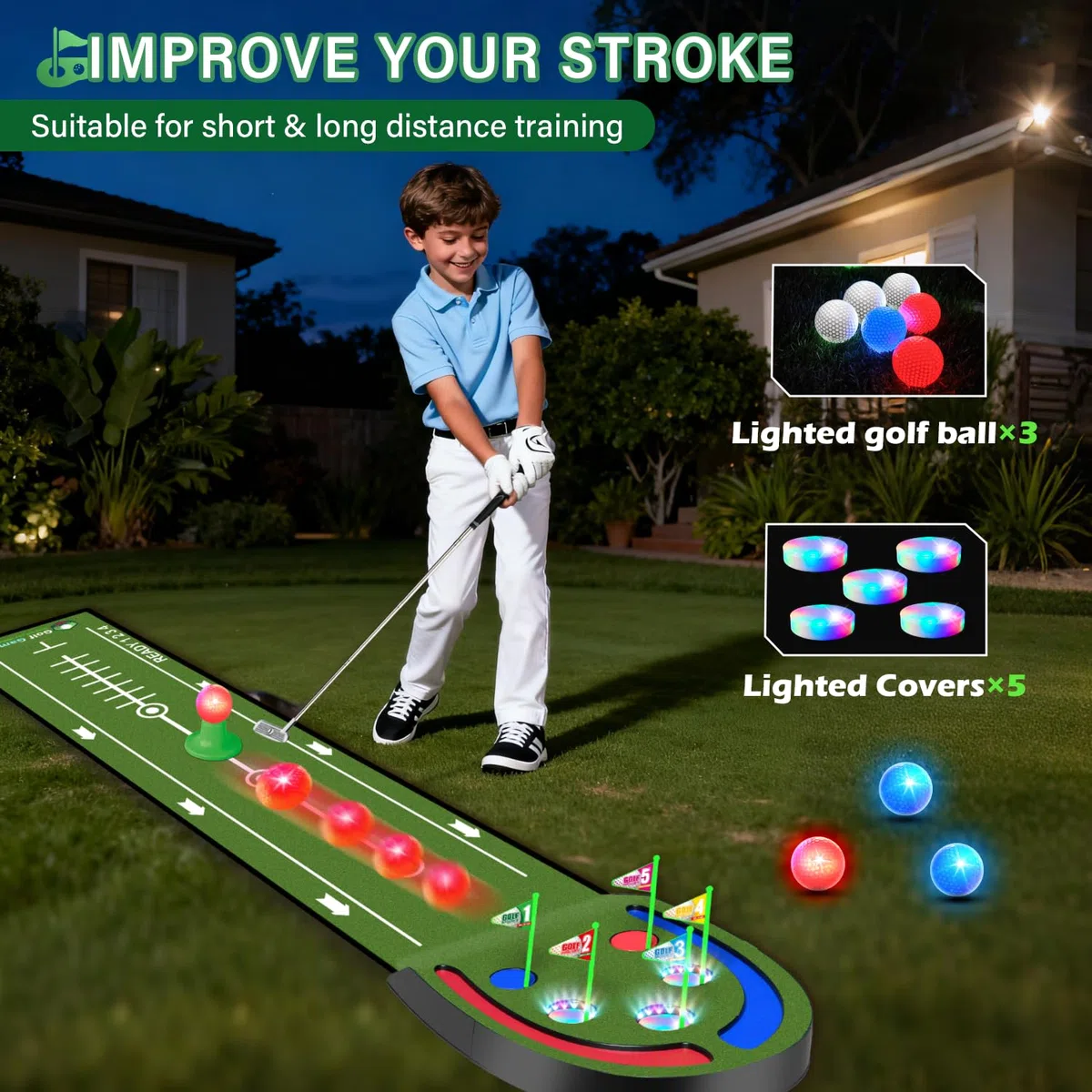 Vatos Golf Game Indoor-Tappetino da Golf per Bambini con Palline e buche a LED, Mazze da Golf, Divertimento al Chiuso e all'aperto per casa, Cortile, Ufficio, Regali per Bambini, Adolescenti e Adulti