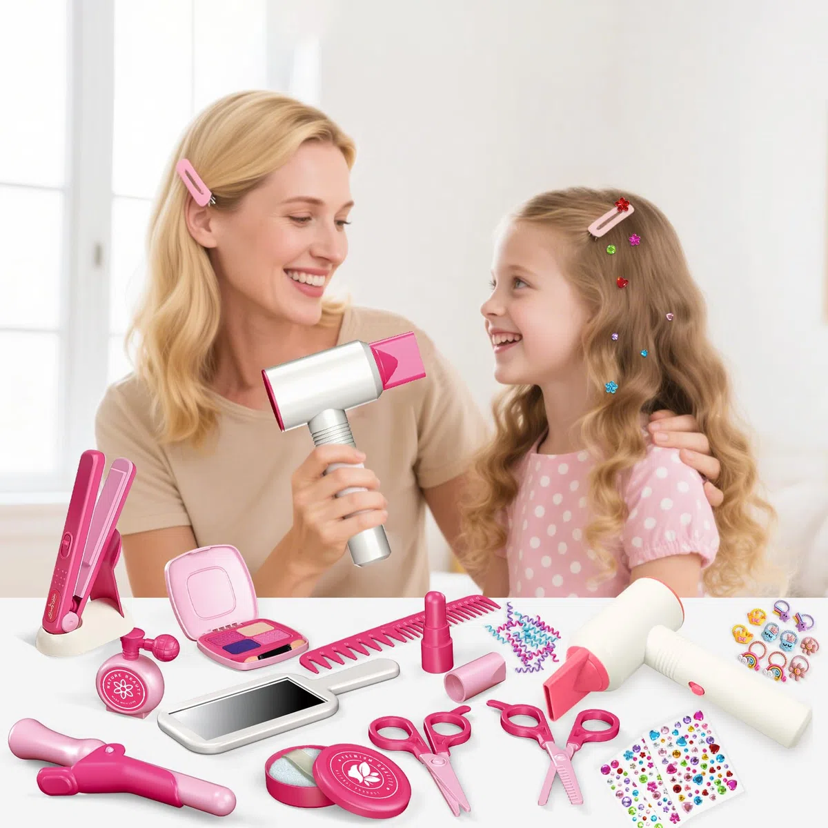 RedCrab Set Parrucchiera per Bambina con Asciugacapelli, Arricciacapelli, Piastra per Capelli, Pettine, Specchio e Accessori per Capelli, Giochi di Ruolo Regali per Bambini 3 4 5 6 7 8 Anni