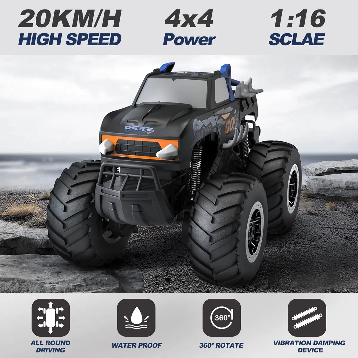 Macchina Telecomandata Bambini Monster Truck Anfibio Telecomandato 1:16 4WD Off-Road Auto RC 2,4 GHz Monster Truck Radiocomandato con due batterie Regalo di per Ragazzi Ragazze 4 5 6 7 8 anni
