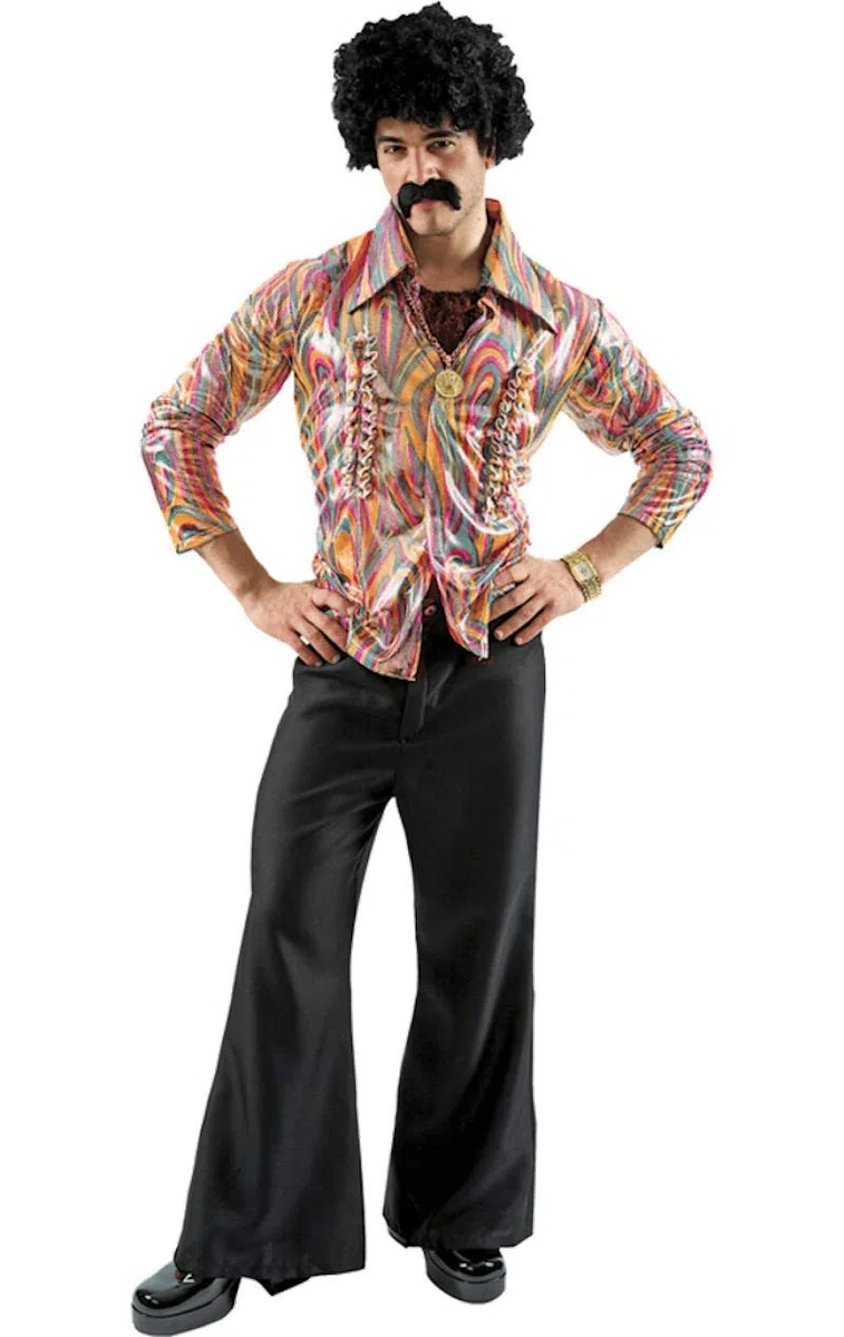 ORION COSTUMES Adulto Uomo Multicolore 70 Disco Ballerino Hippie Camicia e Pantaloni A Zampa Carnevale Costume