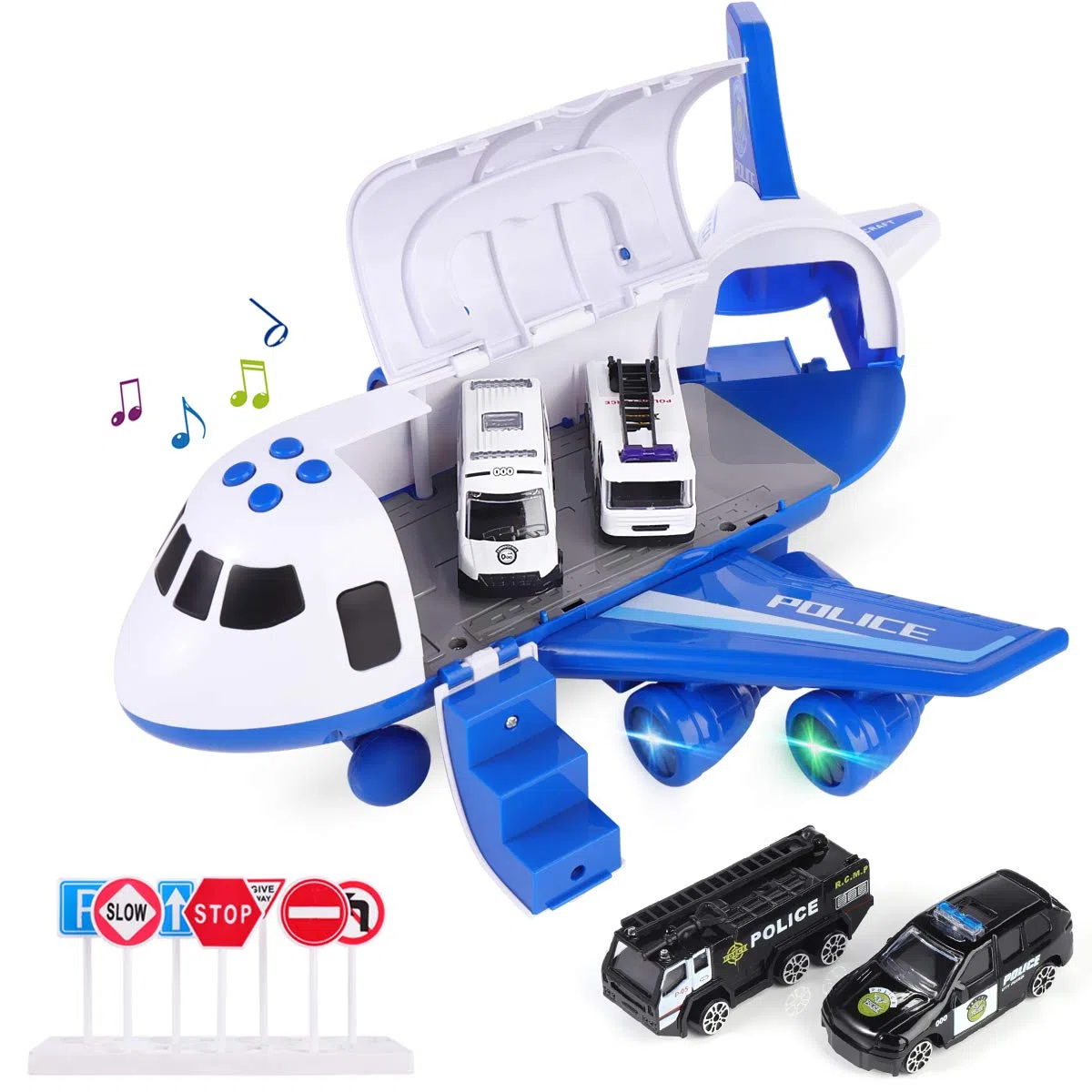 SHANNA Aerei Giocattolo Bambini, Aeroplano A Inerzia con Set di Giocattoli Educativi per Veicoli, 1 Aereo Grandi Dimensioni, 4 Auto in Lega Ragazzo Ragazze Regalo (Auto Polizia-Blu)