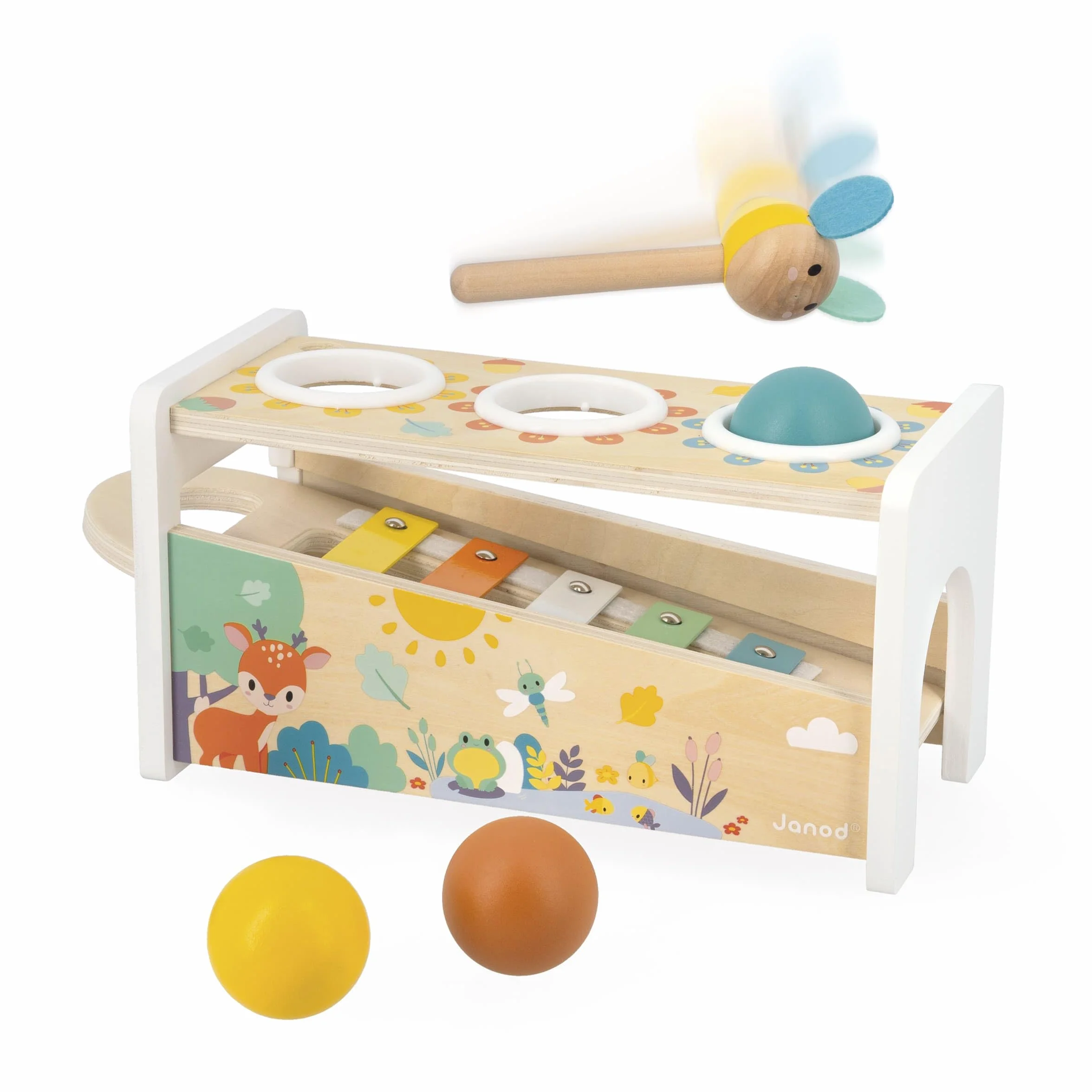 Janod - Tap Tap Xylo Pure - Gioco in Legno 2 in 1 - Gioco Musicale e di Abilità - con 3 Palline + Martello + Xilofono - A Partire dall'anno, J05155