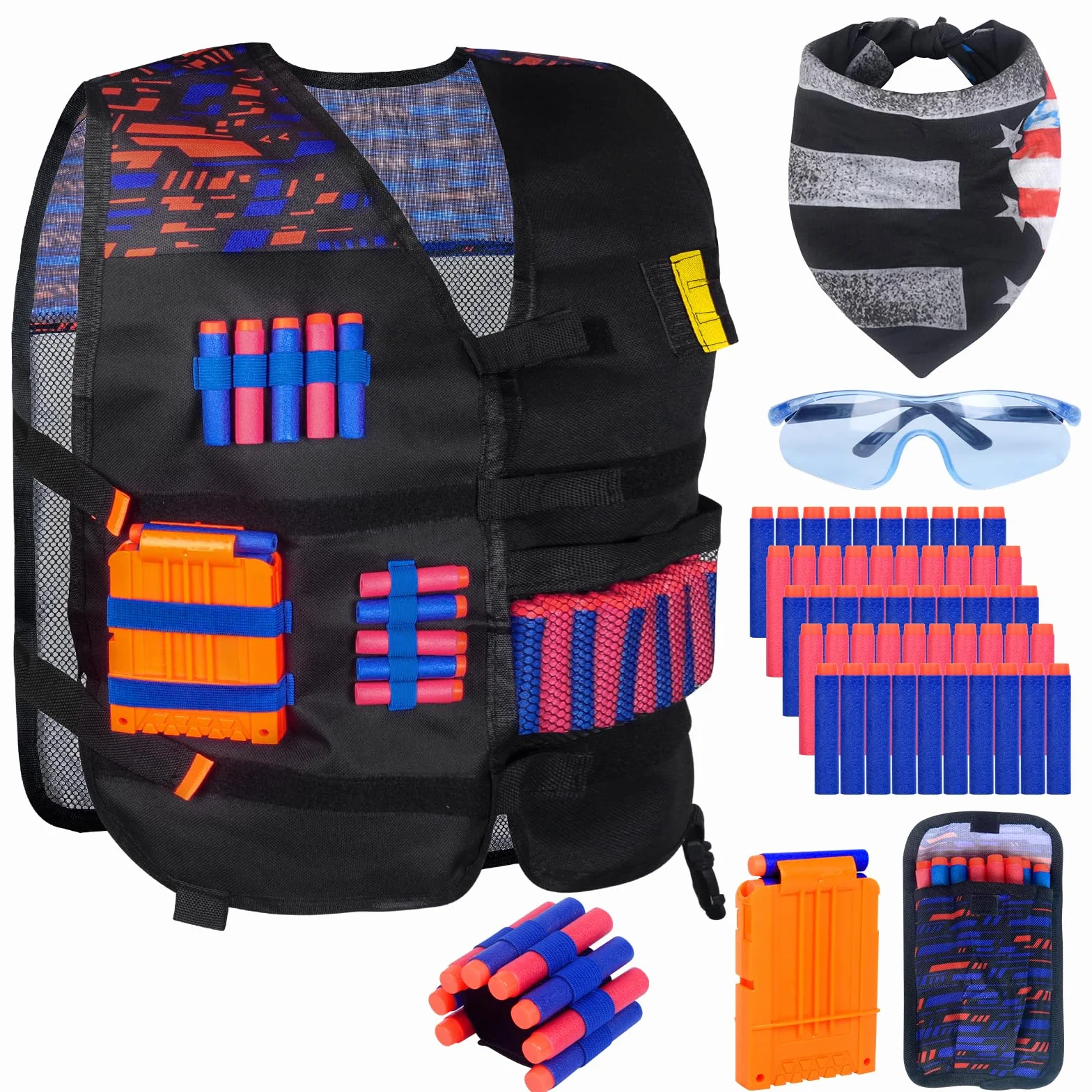 Gilet Tattico per Bambini Nerf con Set Serie N Strike Elite, Accessori con Caricatori Ricarica Rapida, Fasce Polso, Occhiali, Bandana per Ragazzi e Ragazze