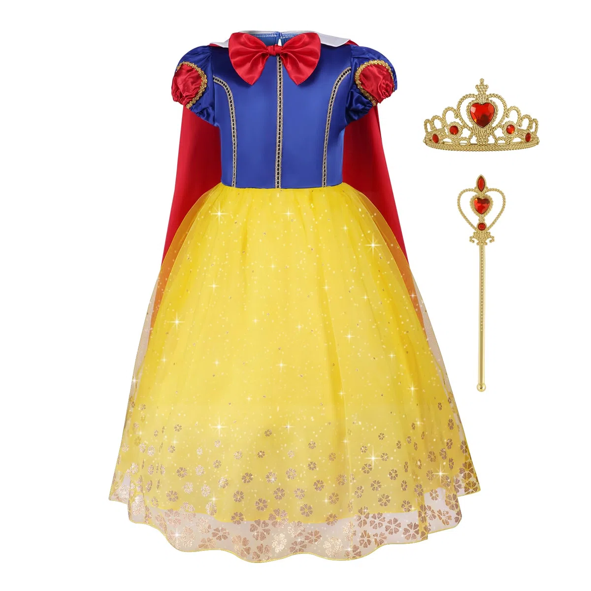 Aomig Snow Principessa Vestito, Snow Bianco Costume Principessa Carnevale Costumi con Corona e Scettro Principessa Bambina, Bianco Neve Costumi con Mantello per Ragazze Natale Halloween Cosplay,120cm