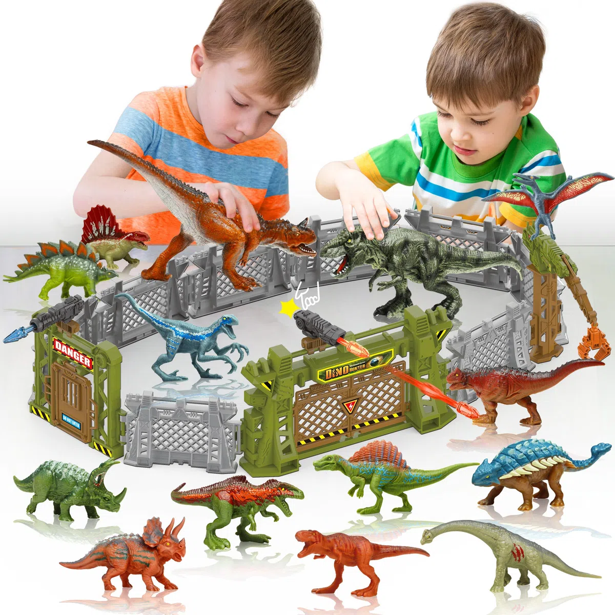 Oriate Dinosauro Catch n Run Fighting Playset, include Big Trex & Carnotaurus 12 miniature Dino, 2 alberi, 2 blaster e altro, giocattolo regalo per i fan dei dinosauri 208-2
