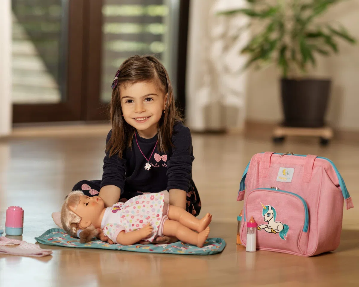 HappyVk- Doll Diaper Bag with Accessories- Unicorn Embroidery