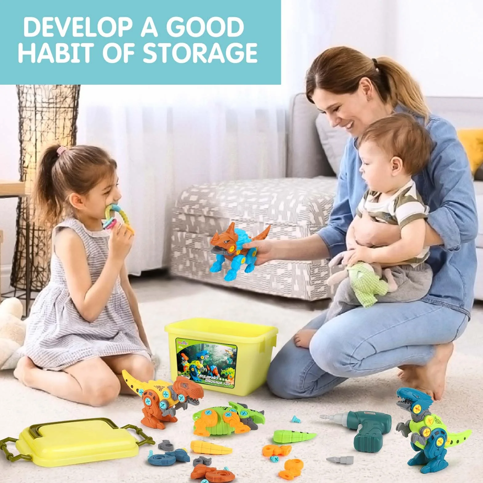 Dreamon Dinosauri Per Bambini 3 4 5 6 7 8 Anni Dinosauro Giocattolo con Scatola Portaoggetti Trapano Elettrico Costruzioni Giocattoli Puzzle Regalo per Ragazzi Ragazze