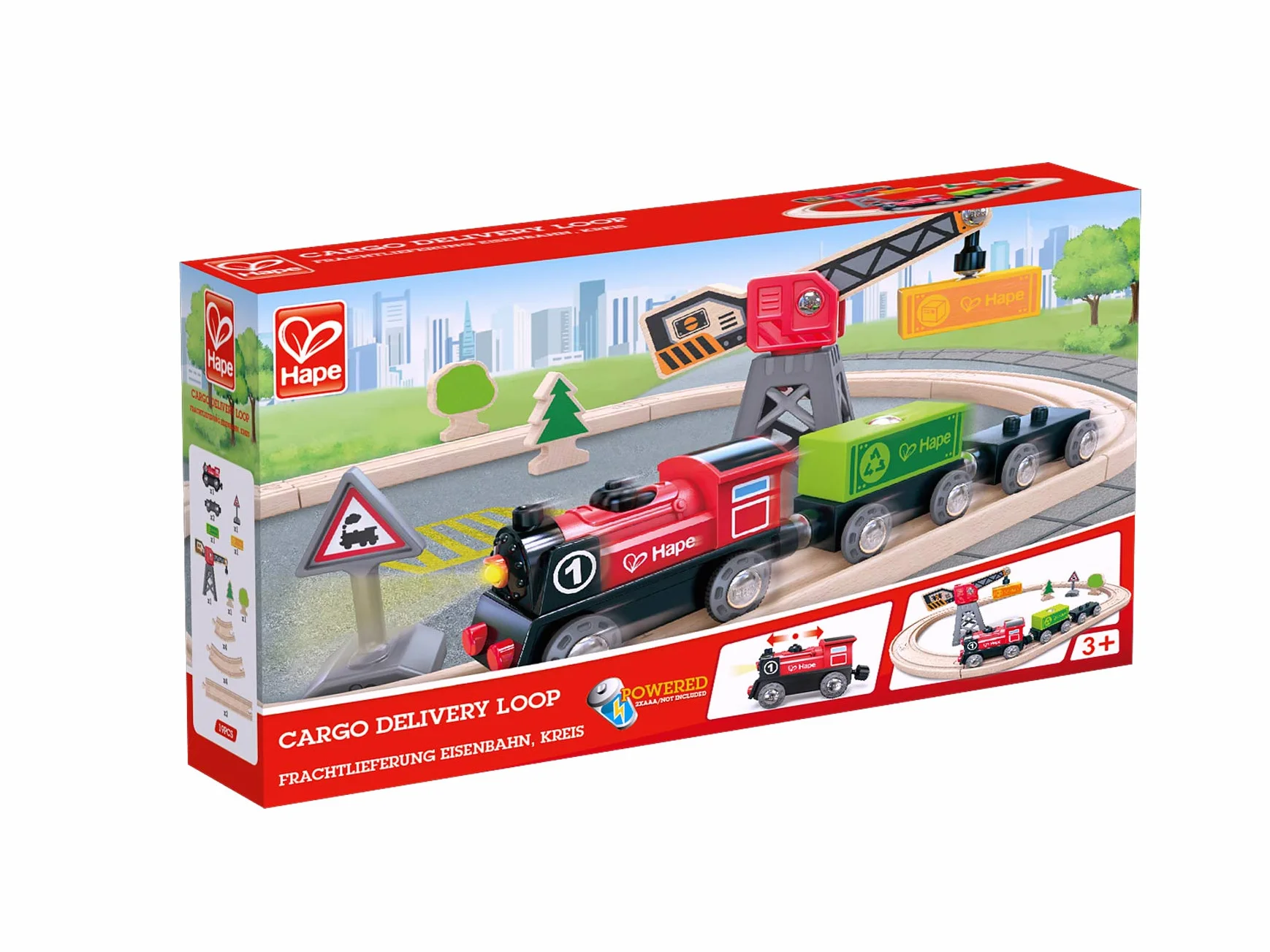 Hape Pista con trenino a batteria e gru - Include 10 binari in legno dritti e curvi per pista ad anello, Locomotiva n. 1 rossa e gru con magnete per bambini dai 3 anni