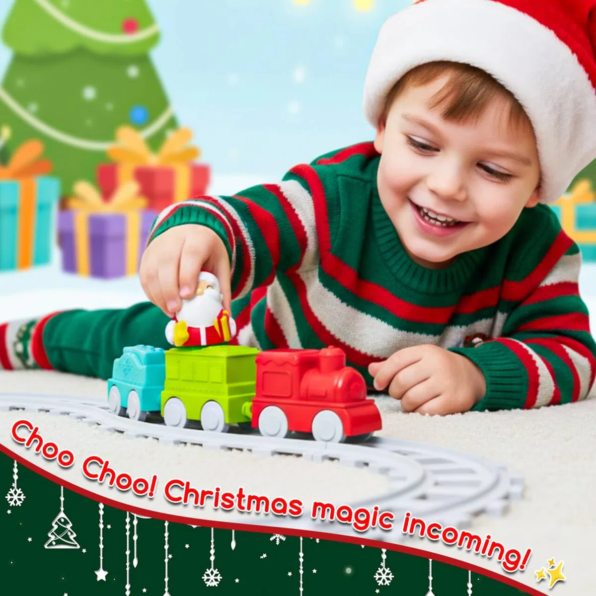 Mio Primo Albero di Natale per Bambini, Giocattolo Montessoriano Musicale con Luci e Decorazioni, Set di Trenini in Miniatura, Giocattoli a Rulli, Burattini da Dito, Regali Natale per Bambini Bambina