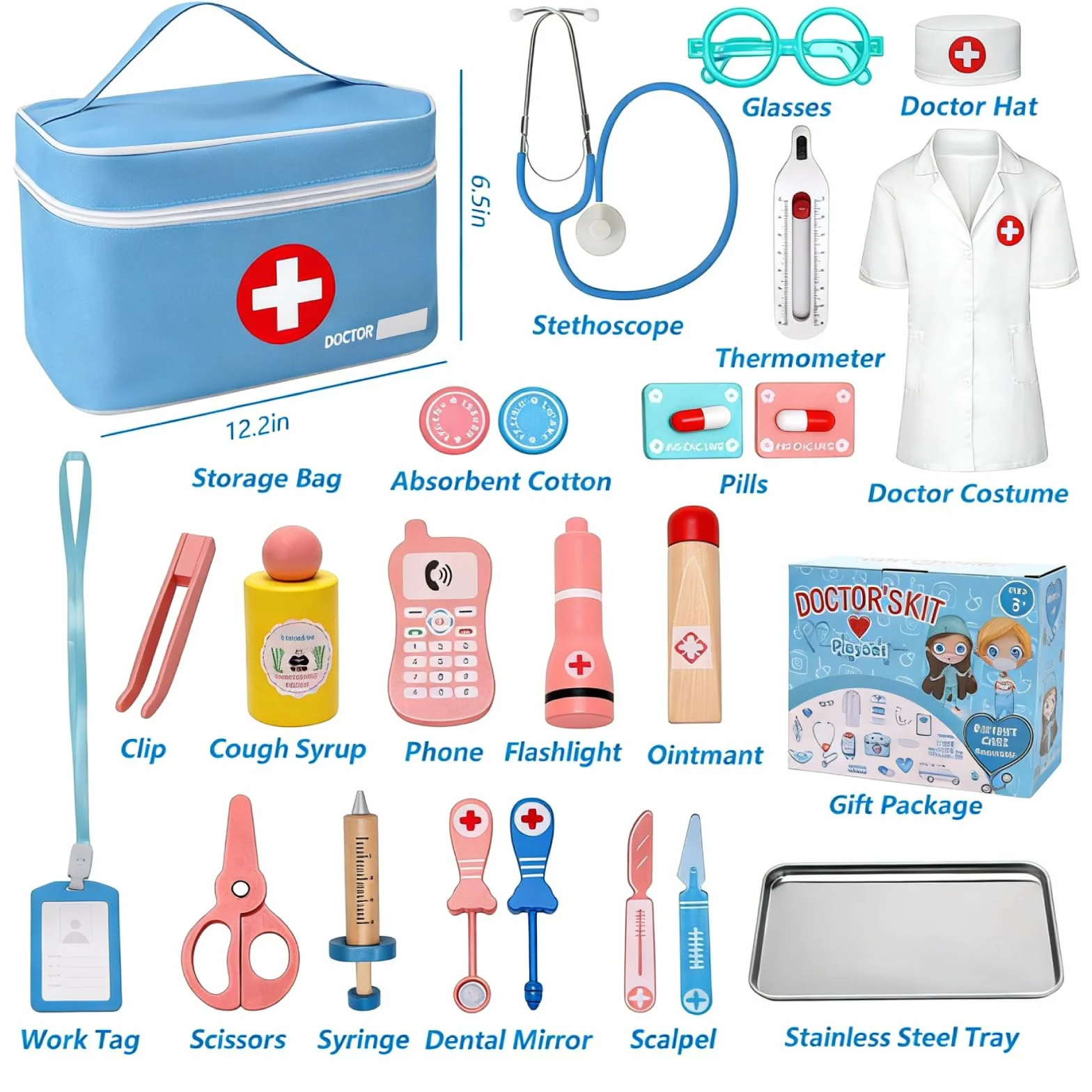 Valigetta Dottore Bambini, Legno kit Dottoressa Bambina con Vero Stetoscopio, Termometro, Camice da Medico e Borsa da Medico Portatile, Giochi di Ruolo, Giochi Bambini 3, 4, 5 Anni