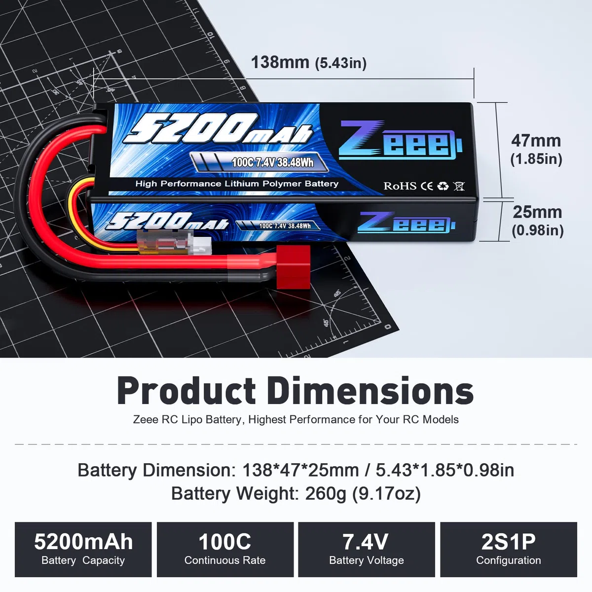 Zeee 2S Lipo Batteria 7,4V 100C 5200mAh Batteria RC Hardcase con Connectore Deans T Spina per RC Evader BX RC Veicolo Auto LKW Truggy RC Nave RC Modells RC Hobby (2 pezzi)