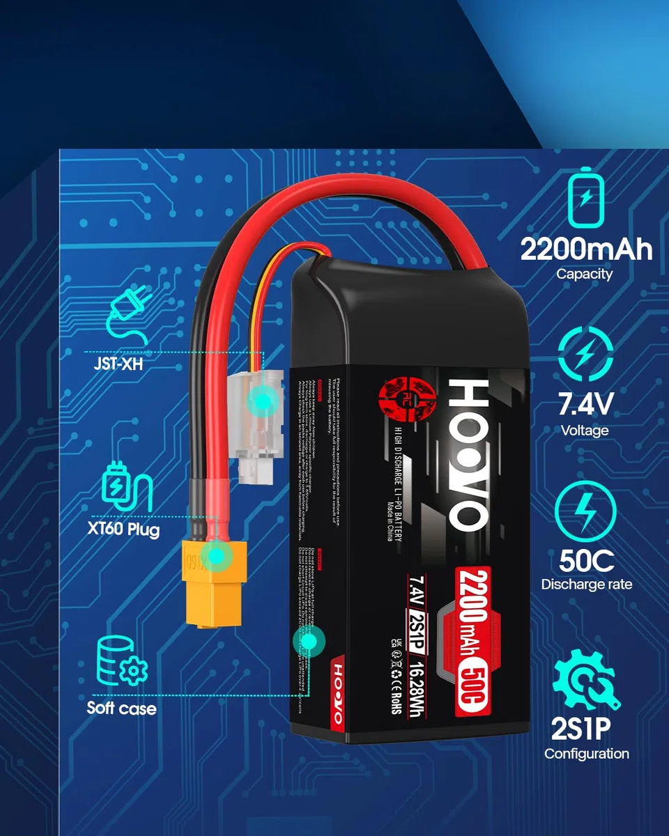Batteria Lipo 2S 2200 mAh 7,4 V 50 C SoftCase Short Lipo Battery con spina XT60 RC Batteria HOOVO per 1:16 RC Auto Camion Heli Aeroplano Rock Crawler Airplane Helicopter (2 pezzi)