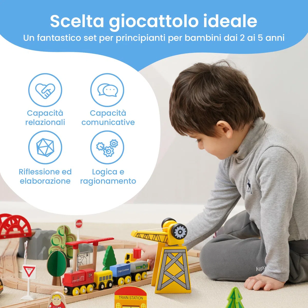 Tiny Land Set di 55 pezzi per gru e treni esclusivi, compatible con tutte le principali marche di treni in legno