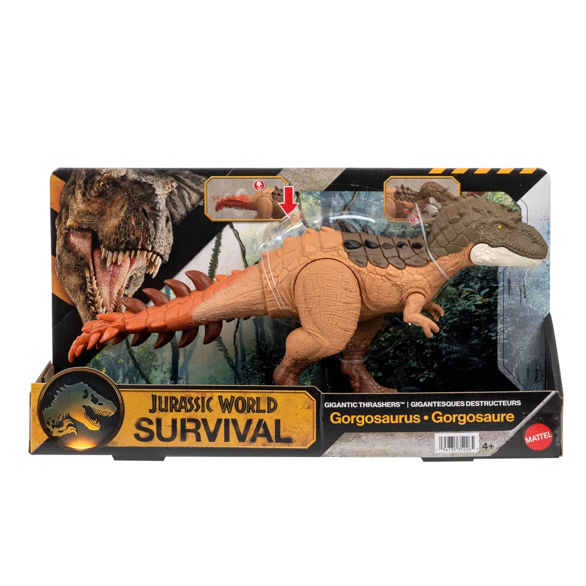 Mattel Jurassic World - Gorgosaurus Gigantic Thrashers, dinosauro di grandi dimensioni con 2 azioni d'attacco incluse e funzioni di evoluzione speciali, 4+ anni, JKL86