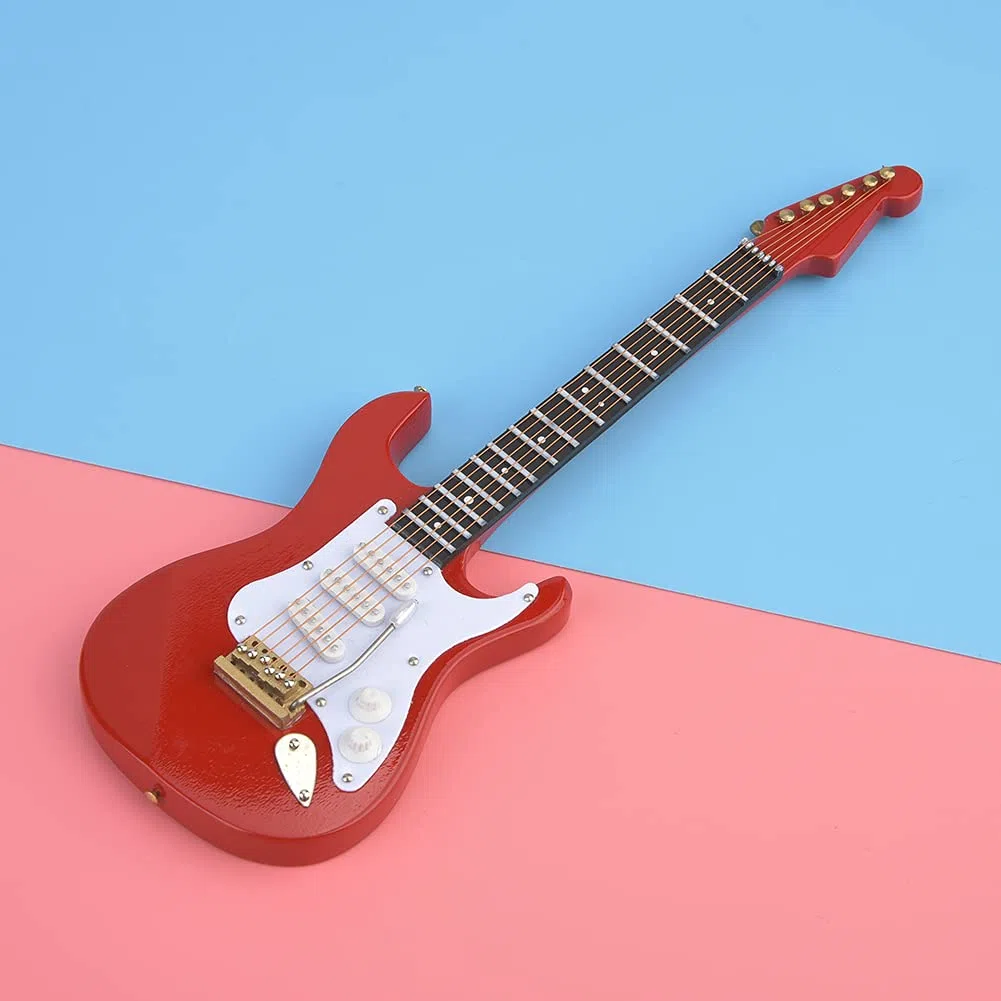Chitarra elettrica in miniatura in legno con supporto, delicata replica elettrica da 18 cm Replica da collezione Figurine Display Ornamenti del moo
