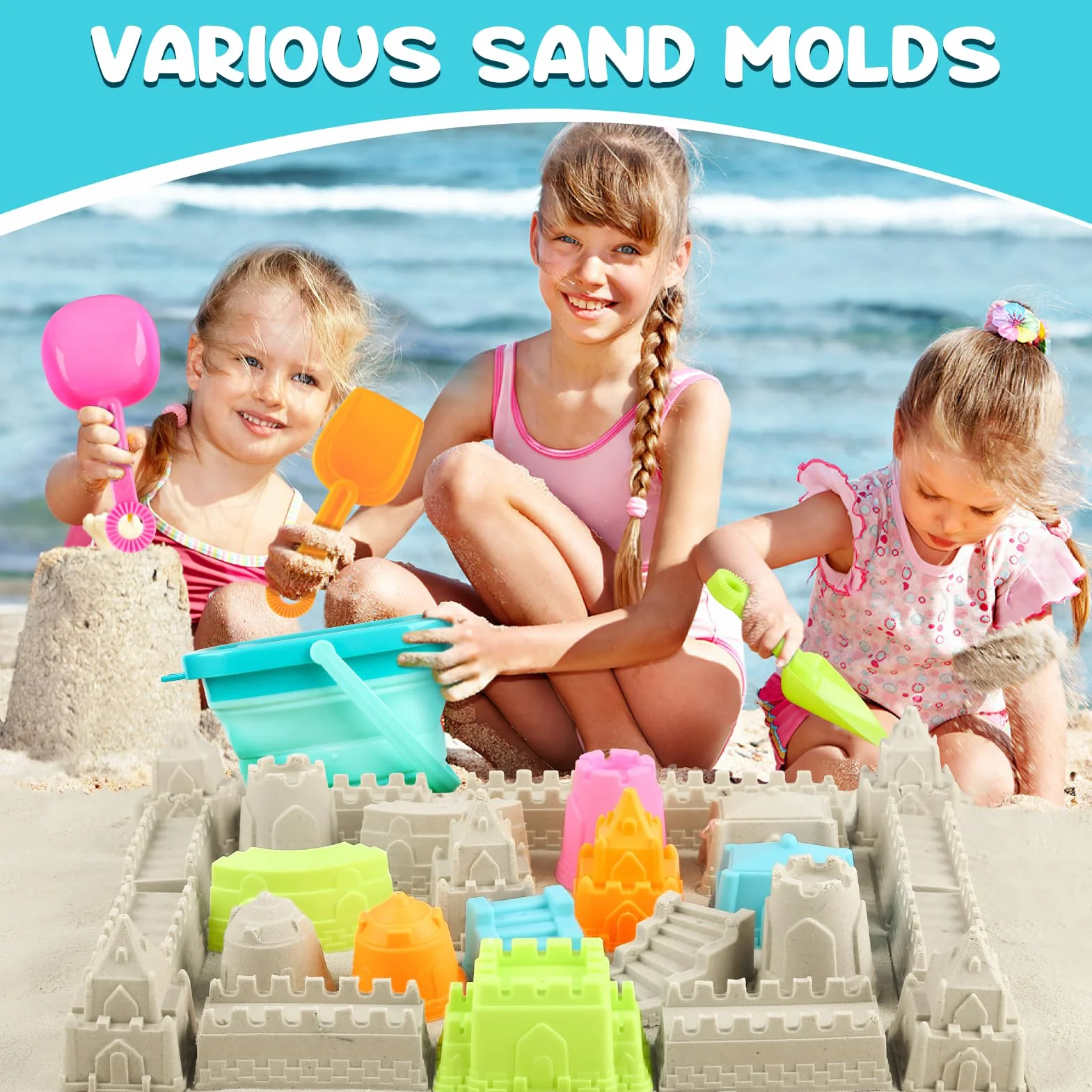 YIMORE Giochi Spiaggia Bambini, 28 PCS Sabbia Giocattoli da Viaggio con Secchiello Pieghevole Bambini, Giochi Mare per Bambini Ragazzi Ragazze