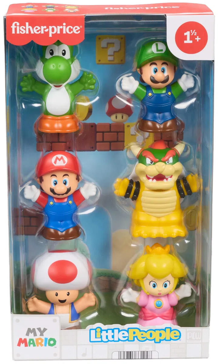 Fisher-Price Little People - My Mario, set con 6 personaggi dal mondo di Super Mario, include Mario, Luigi, Principessa Peach, Toad, Yoshi e Bowser, giocattolo per bambini, 1+ anni, JHG63