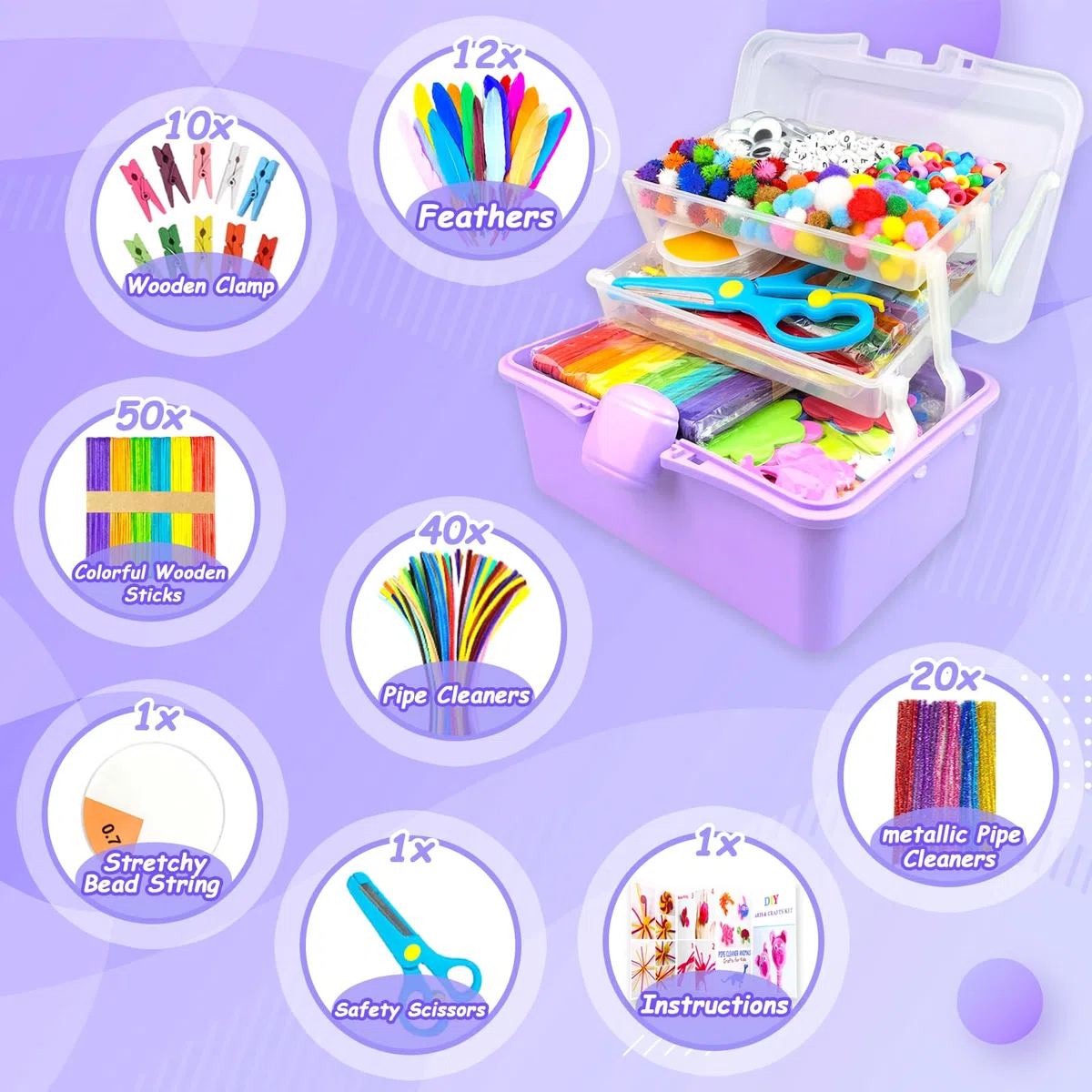 BNUZEIYI 3000Pcs Kit Lavoretti Creativi per Bambini Scatola Lavoretti Bambini a 3 Strati con Scovolini Colorati DIY Art Craft Fai da Te Giocattoli Regalo per Ragazze e Ragazzi 4-6, 6-8, 8-12, Viola