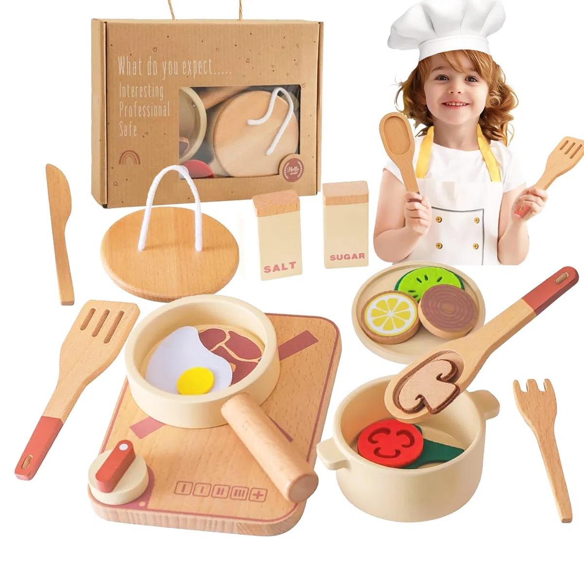 Pentole Giocattolo per Bambini, Accessori Cucina Giocattolo Legno, Set di Pentole e Padelle in Legno, Utensili Cucina Bambini con Posate e Cibo, Giochi di Ruolo per 3 4 5 6 Anni