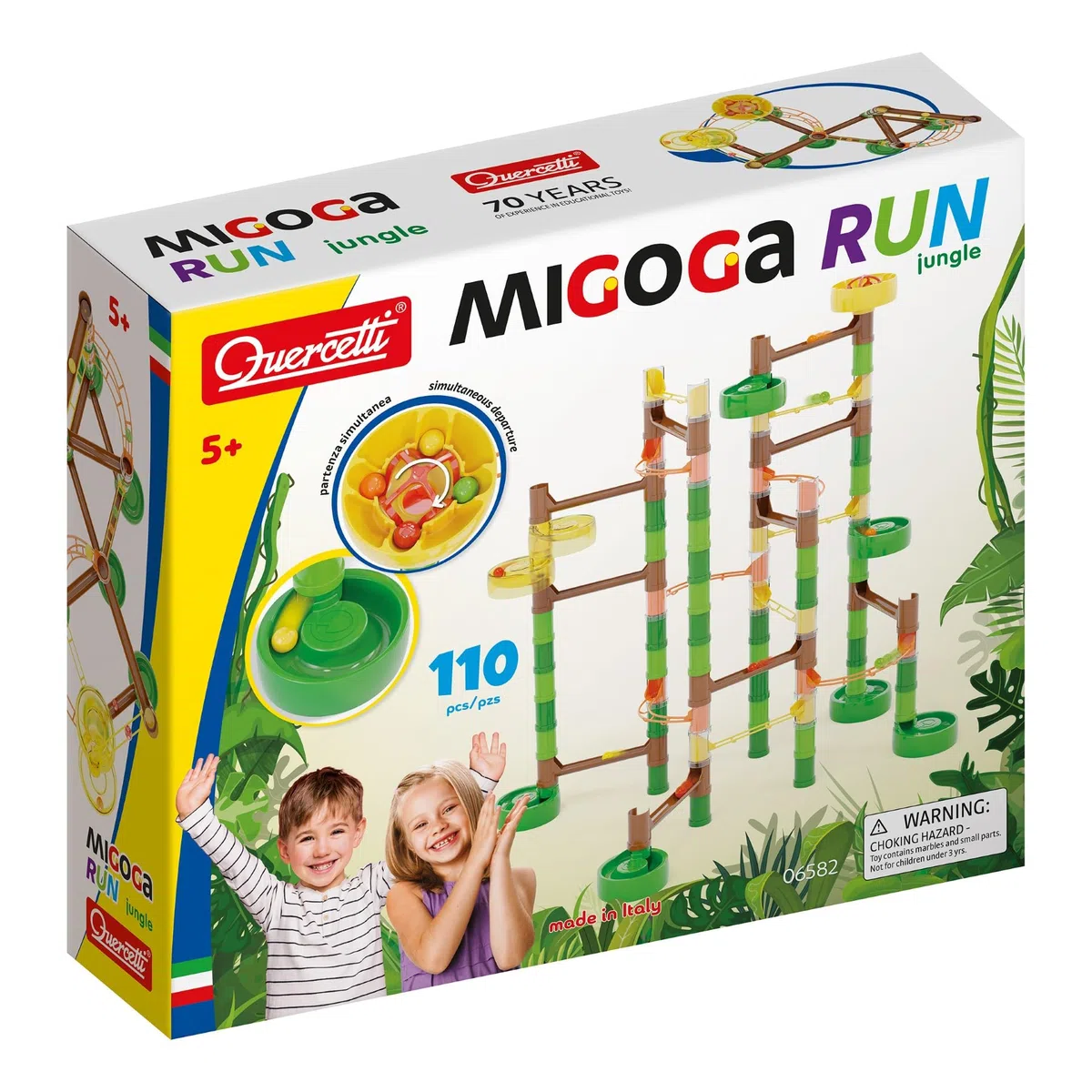 Quercetti Migoga Run Jungle, Pista Biglie per Bambini 4-10 Anni, 110 pz con Partenza Multipla, Costruzioni per Bambini, Gioco Educativo, Made in Italy