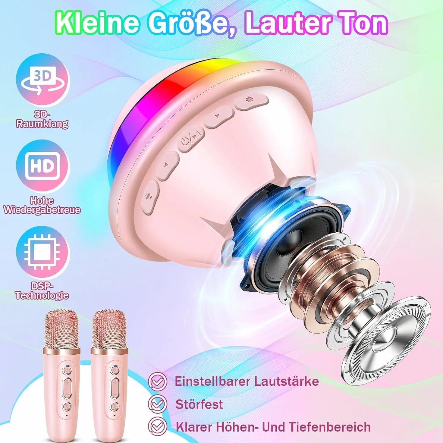 JONRRYIN Karaoke per Bambini con Luci Discoteca, Bluetooth Karaoke con 2 Microfono Wireless, 5 Luce LED e Cambia Voce, Regalo Compleanno per Ragazzi e Ragazze 3-15 Anni (Rosa)