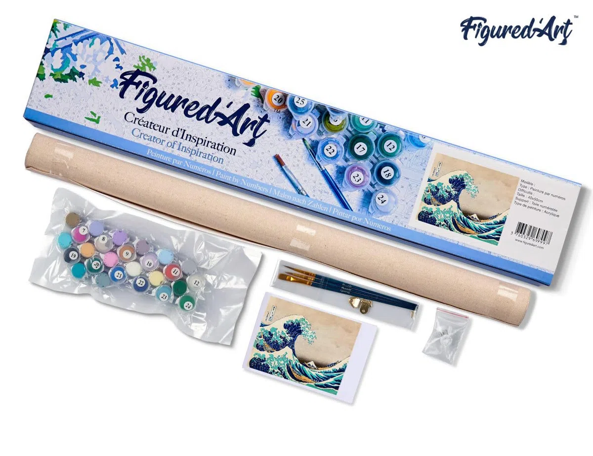 Figured'Art Dipingere con i Numeri - Paint by Numbers La grande onda di Kanagawa di Katsushika Hokusai, Passatempo per Adulti, Kit Completo, Hobby Creativi - Quadri fai da te 40x50cm senza cornice