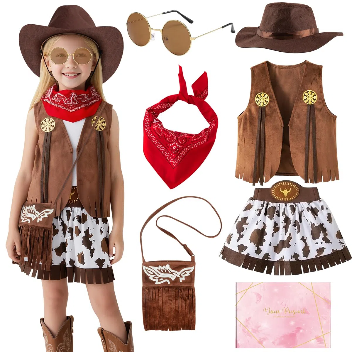 Cowgirl Costume Bambina, Western Vestito Cowgirl Bambina con Gilet, Cappello, Bandana Rossa, Costume da Cowgirl per Halloween Carnevale Cosplay Festa