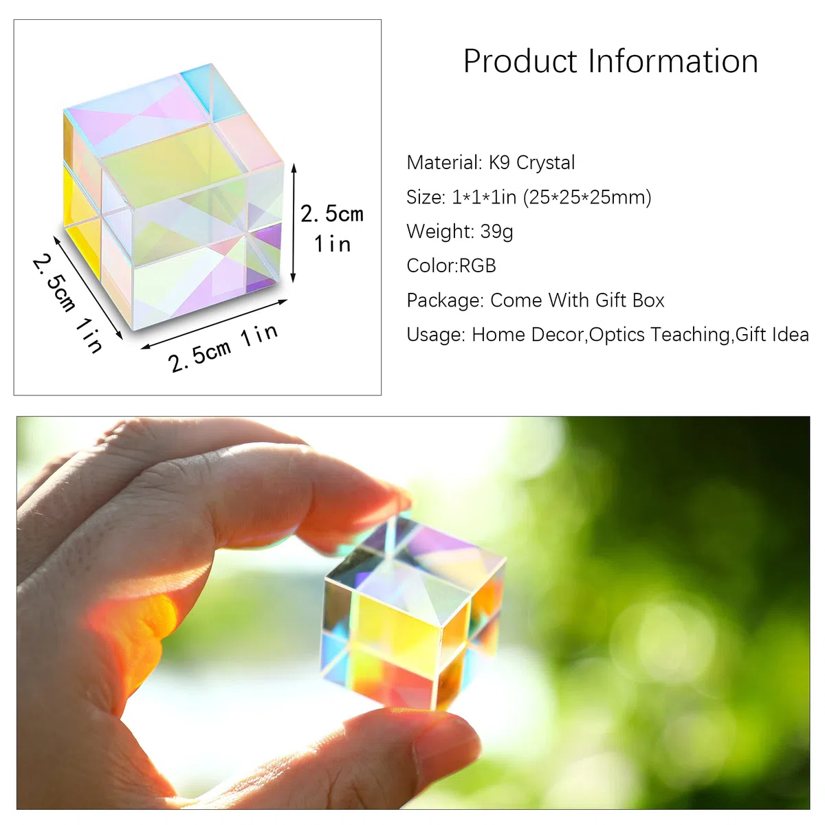 25 mm vetro ottico X-Cube Prisma RGB dispersione prismi per fisica e decorazione, spettro di luce modello educativo, puntelli fotografici