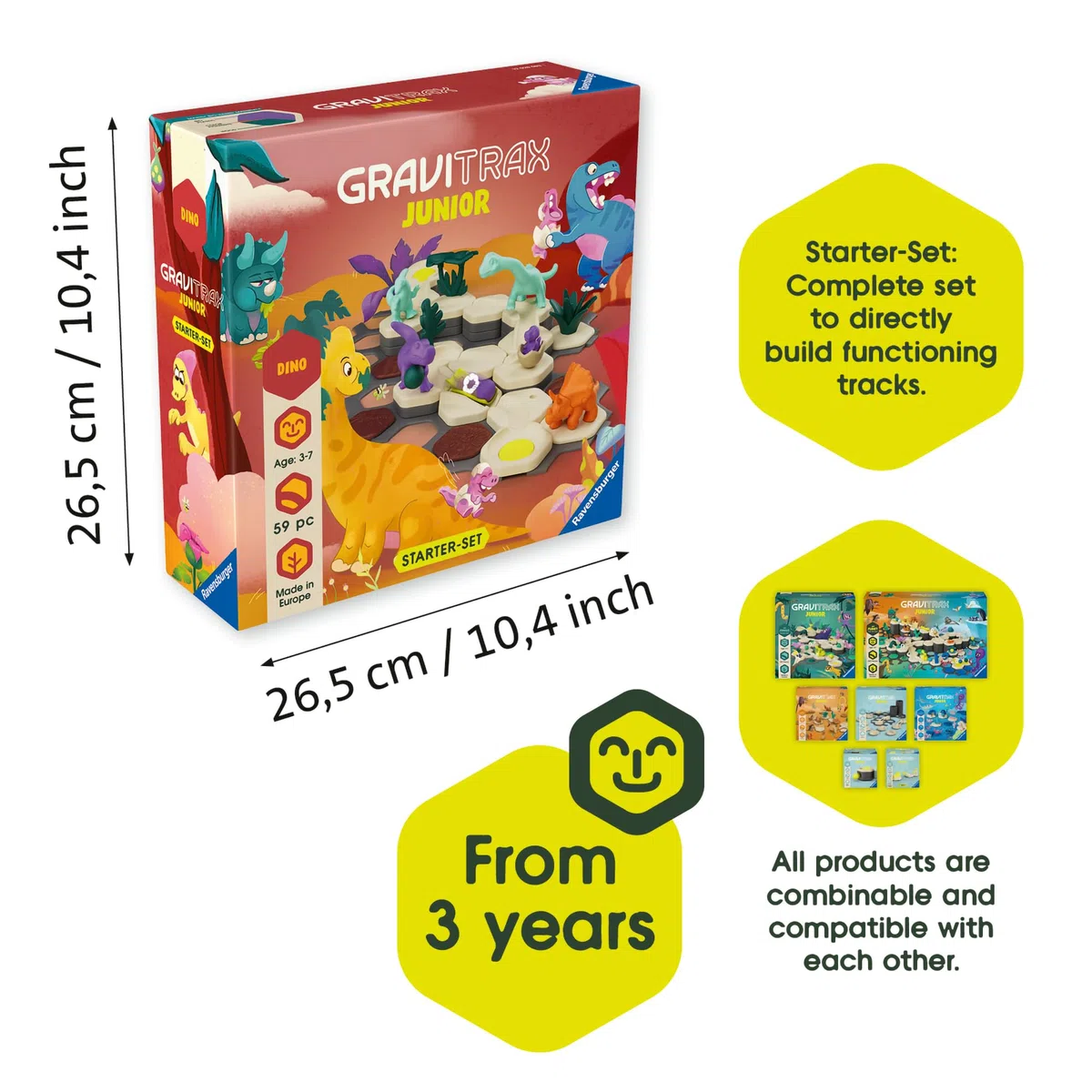 Ravensburger - GraviTrax Junior Dino Starter-Set, Pista biglie 59 pezzi, Rompicapo bambini, Giochi bambini 3 anni e più, Gioco Interattivo ed Educativo STEM, Compatibile con tutti i GraviTrax