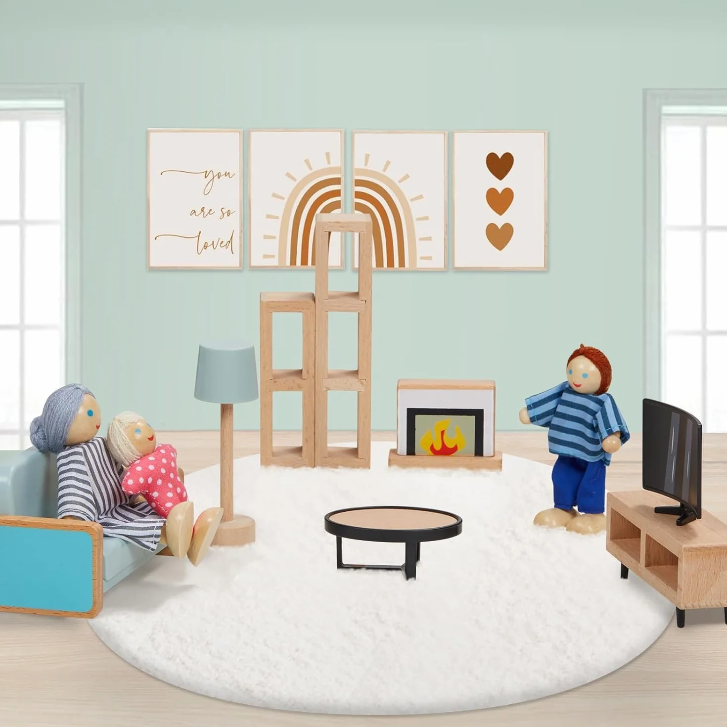 Giant bean Set di Mobili Casa Bambole Legno, 36 Mobili Casa Bambole con 4 Bambole di Famiglia, Accessori Casa Delle Bambole, Giocattoli Per Bambini dai 3 Anni In Su