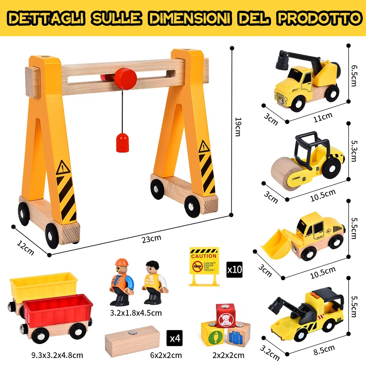 Herenear Veicolo da Cantiere in Legno per Bambini, Magnetico Veicoli con Gru, Bulldozer, Rullo Stradale, Gru a Cavalletto, Giocattoli Educativi per Bambini dai 3 anni in su