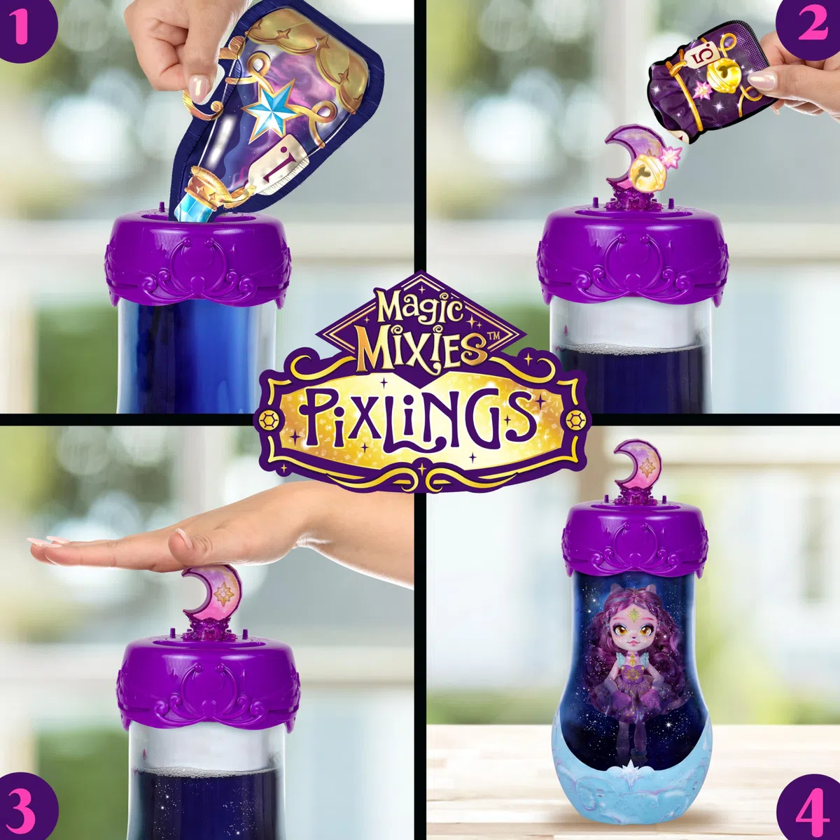 Magic Mixies Pixlings Ora con la rivelazione di luccichio Catlyn, il Pixling dei gatti Imposta una pozione magica e rivela magicamente una bellissima bambola Pixling in una bottiglia di pozione magica
