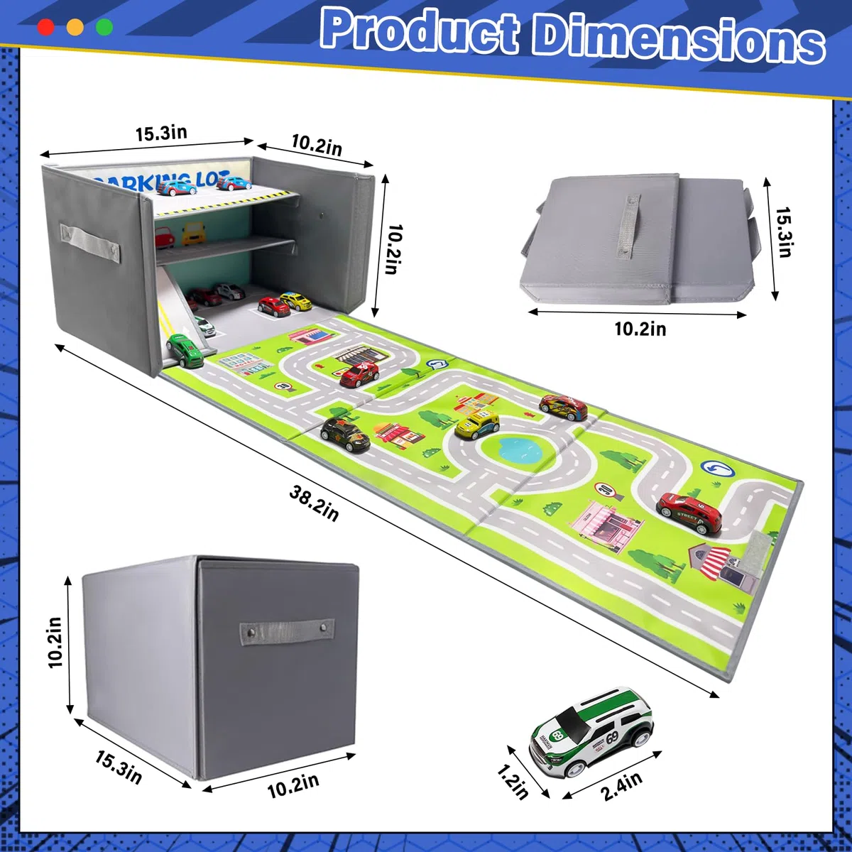 Scatola Portaoggetti per Auto Giocattolo: Garage per Auto Giocattolo per Bambini - Garage per Pieghevole 3 in 1 per Bambini - Organizzatore per e Tappeto da Gioco (Gray)