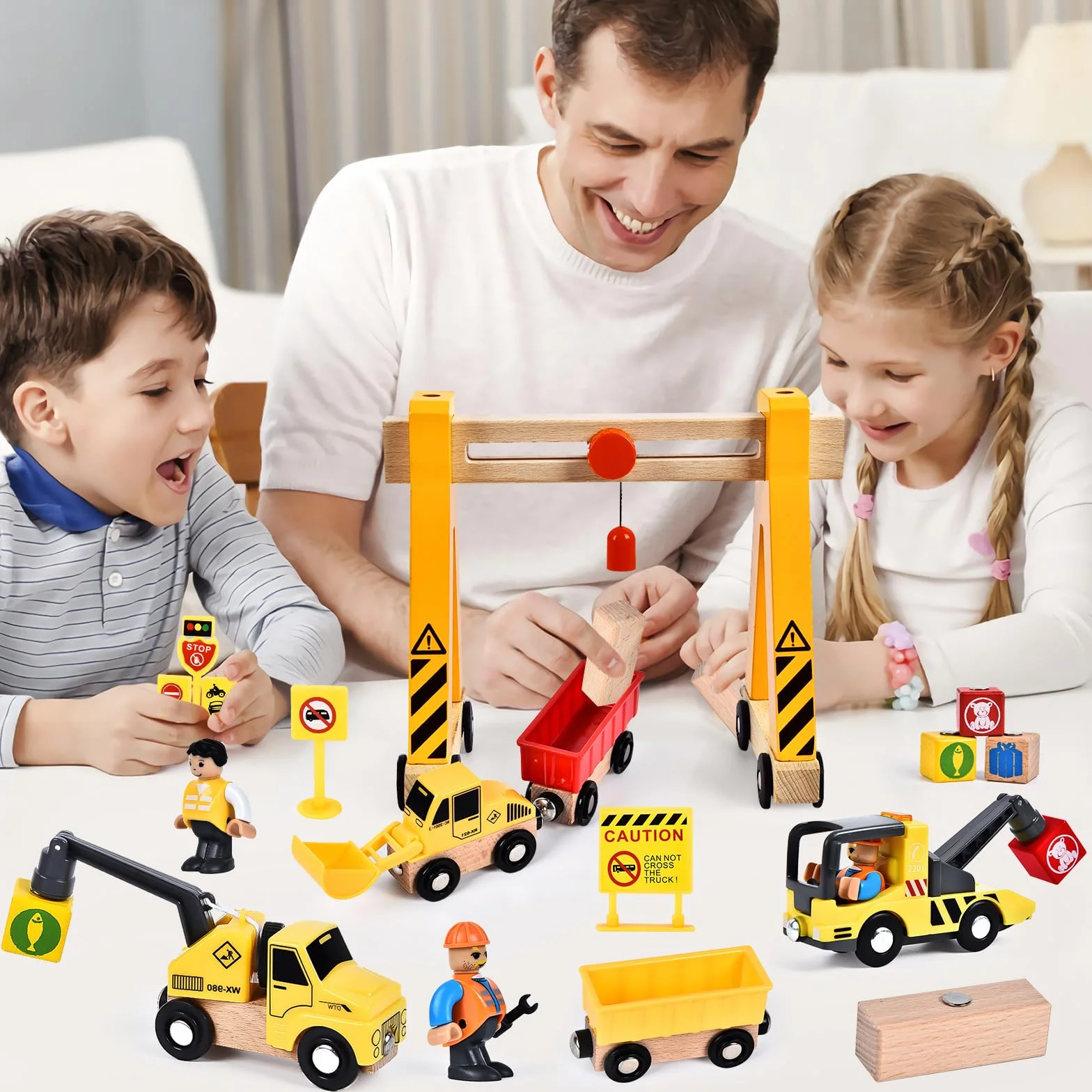 Herenear Veicolo da Cantiere in Legno per Bambini, Magnetico Veicoli con Gru, Bulldozer, Rullo Stradale, Gru a Cavalletto, Giocattoli Educativi per Bambini dai 3 anni in su