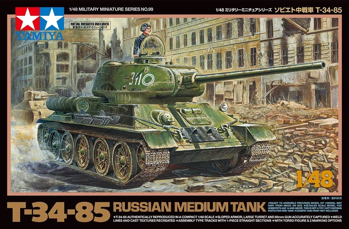 TAMIYA 32599-000 - Kit di costruzione in plastica, 1:48 Rus. Mit. Pz. T-34/85, per modellismo, fai da te, hobby, incollaggio, in plastica, verde scuro