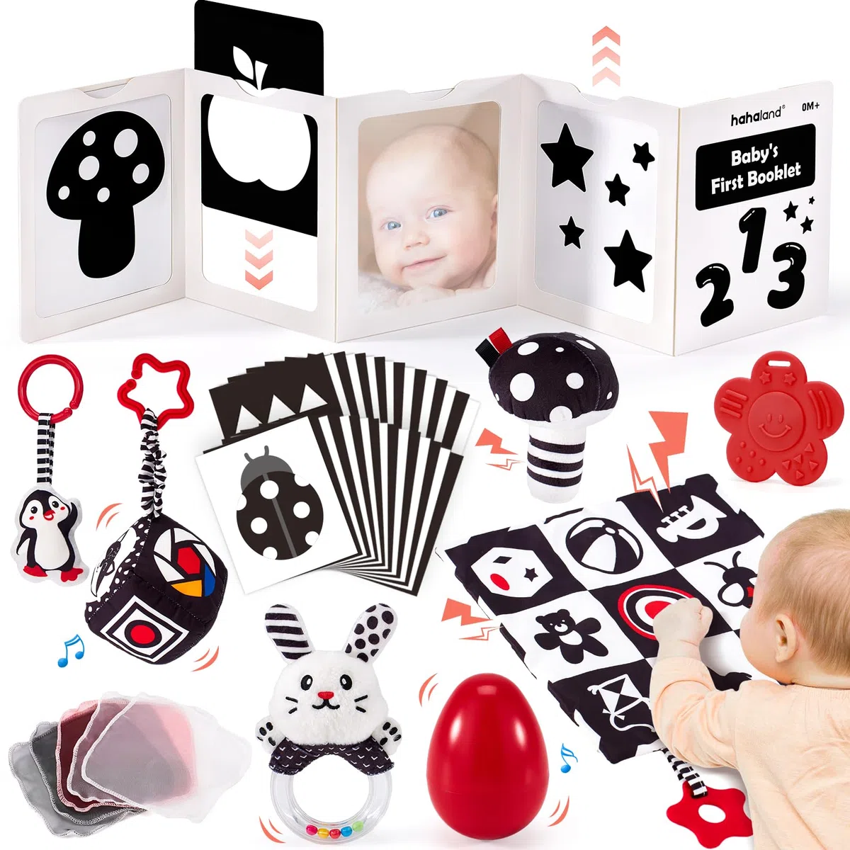 hahaland Giochi Neonato 0-3 Mesi 30 Pezzi - Giochi Bianco e Nero Neonati Sensoriale, Libro/Songlio/Specchio/Peluche Neonata Tummy Time, Regalo Nascita Bimbo per 0 3 6 12 Mesi