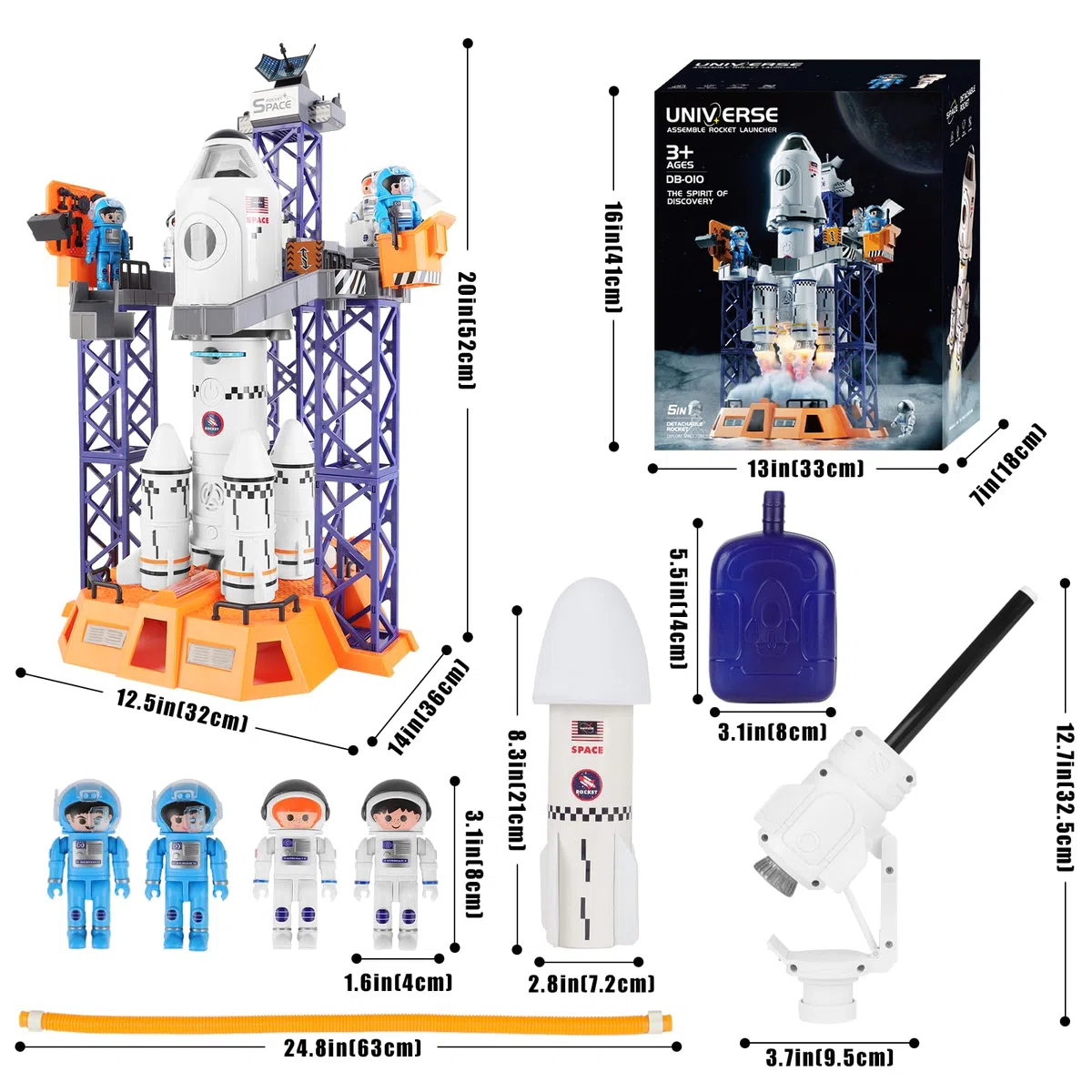deAO Space Shuttle Giocattolo STEM 5 in 1 con Centro di Lancio, Console, Satellite, Astronauti e Lampada