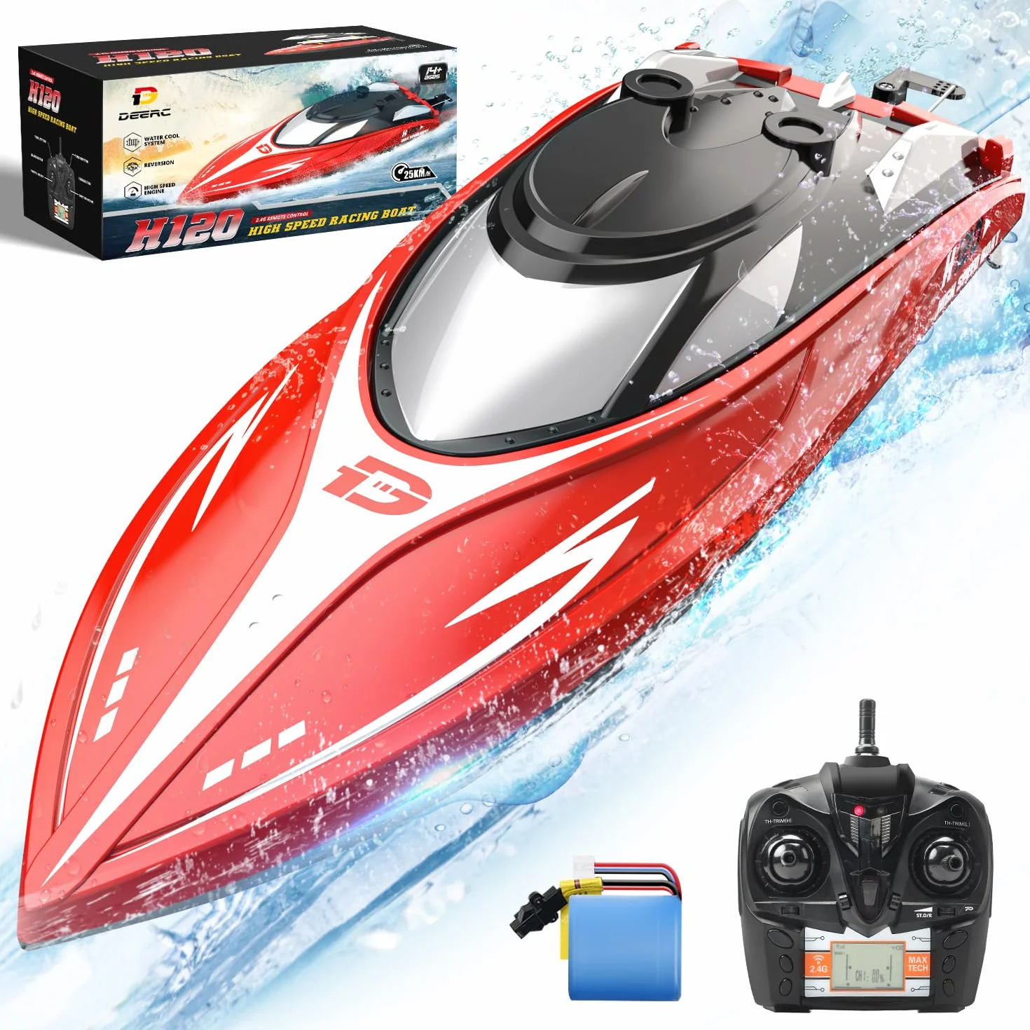 DEERC H120 Barca telecomandata veloce per piscine e laghi, barca da regata da 2.4 GHz 20+ MPH per bambini e adulti, con 2 batterie ricaricabili, allarme batteria scarica, recupero antiribaltamento.