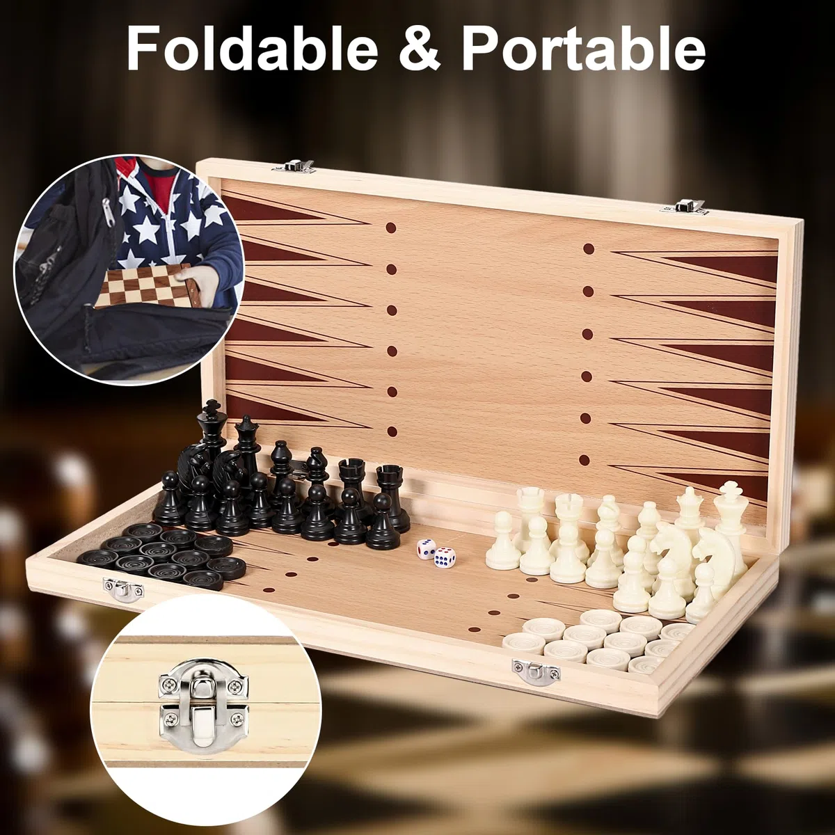 Mkitnvy Scacchiera Magnetica, 3 in 1 Scacchiera in Legno, Gioco da Scacchi Backgammon Dama, Portatili e Pieghevole Scacchi da Viaggio per Adulti Bambini All'aperto Festa - 39x39cm, CX-GJXQ-39