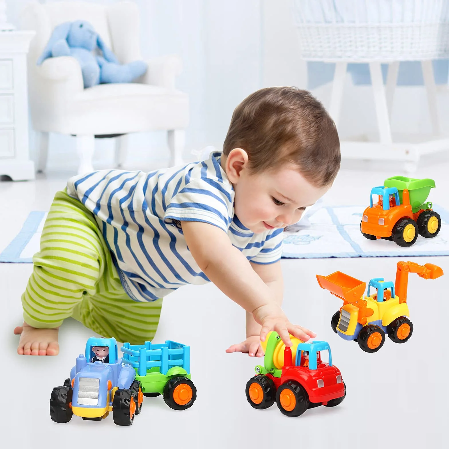 TINOTEEN Auto Giocattoli,Macchinine per Bambino 1 2 3 Anni Spingi e Vai Veicoli Giochi Set di 4 Trattore,Bulldozer, Camion Betoniera, Dumper