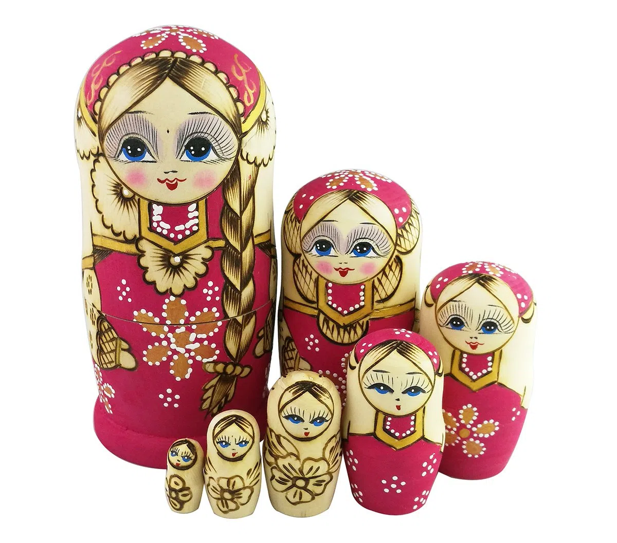 Winterworm Set 7 Pezzi Trecce Lunghe Ragazza Rosa Matrioska Bambole Babushka Bambole Tradizionali Russe di incastramento Regalo impilabile in Legno Regalo per Bambini