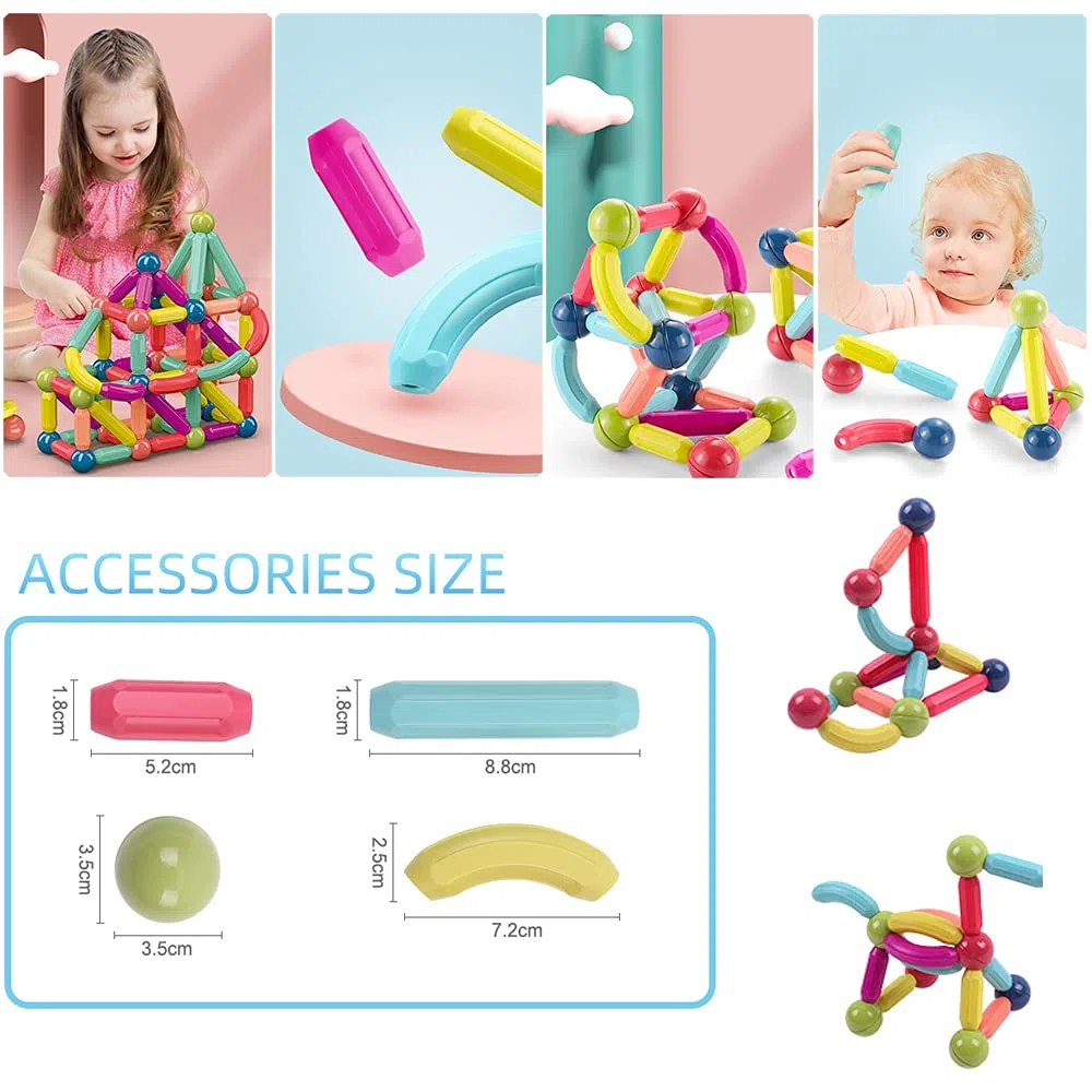 ROUSKY 88PCS sfera magnetica e bastone set,di bastoncini da costruzione magnetici, piastrelle per blocchi di costruzione, giocattoli impilabili STEM per bambini dai 3 anni in su