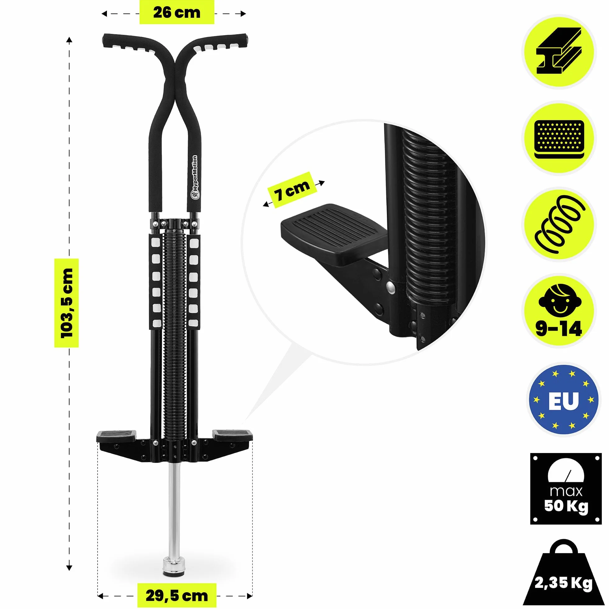 HyperMotion POGO Salterello Dinamico per Ragazzi 9–14 Anni, Attrezzo Sportivo 50 kg, Struttura 2,35 kg con Sistema Elastico, Nero