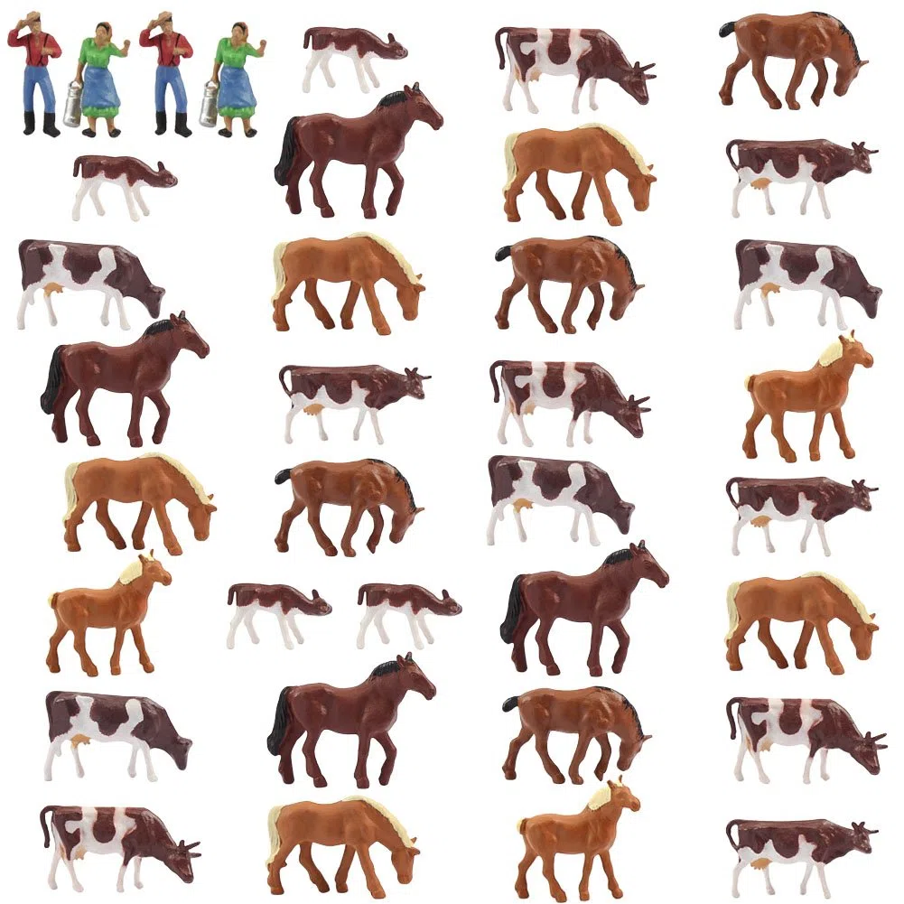 Farm Animals Figure Toys Set,AN8706 36PCS 1:87 Well Painted Farm Animals Cows Horses Figures HO Scale Model Train Scenery Layout Miniature Landscape