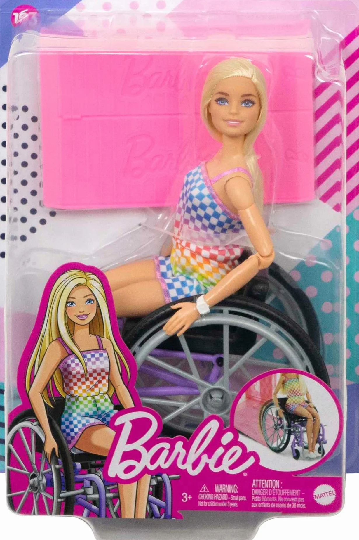 Barbie - ​Barbie Fashionistas Bambola con sedia a rotelle e rampa, Tutina arcobaleno, Abiti e accessori, giocattolo per bambini 3+ Anni, HJT13