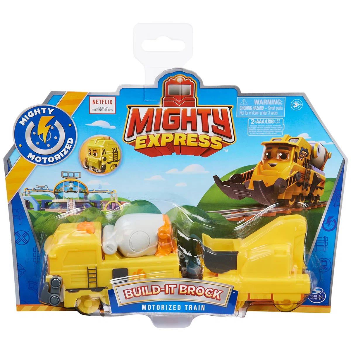 Mighty Express trenino motorizzato Brock il costruttore con attrezzo di lavoro e vagone merci, giocattoli per bambini 3+