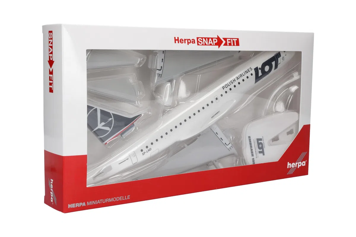 Herpa Snap-Fit Modellino di aereo LOT Polish Airlines Embraer E195 - SP-LND, miniatura in scala 1:100, pezzo da collezione, modello con base, plastica