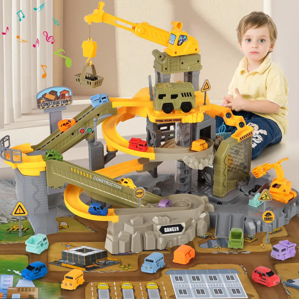 Charmofun Pista Macchinine Bambini, Costruzioni Giocattolo con 10 Auto Gru Camion Trasportatore, Macchine Pista Giocattoli Trattore Costruzione Set per Bambino 4 5 6 7 8 Anni